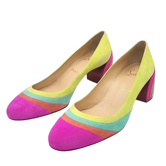 Christian Louboutin Arkanciella 55 Colorblock Suede Pumps Block Heels Multi 38.5 - Picture 3 of 16